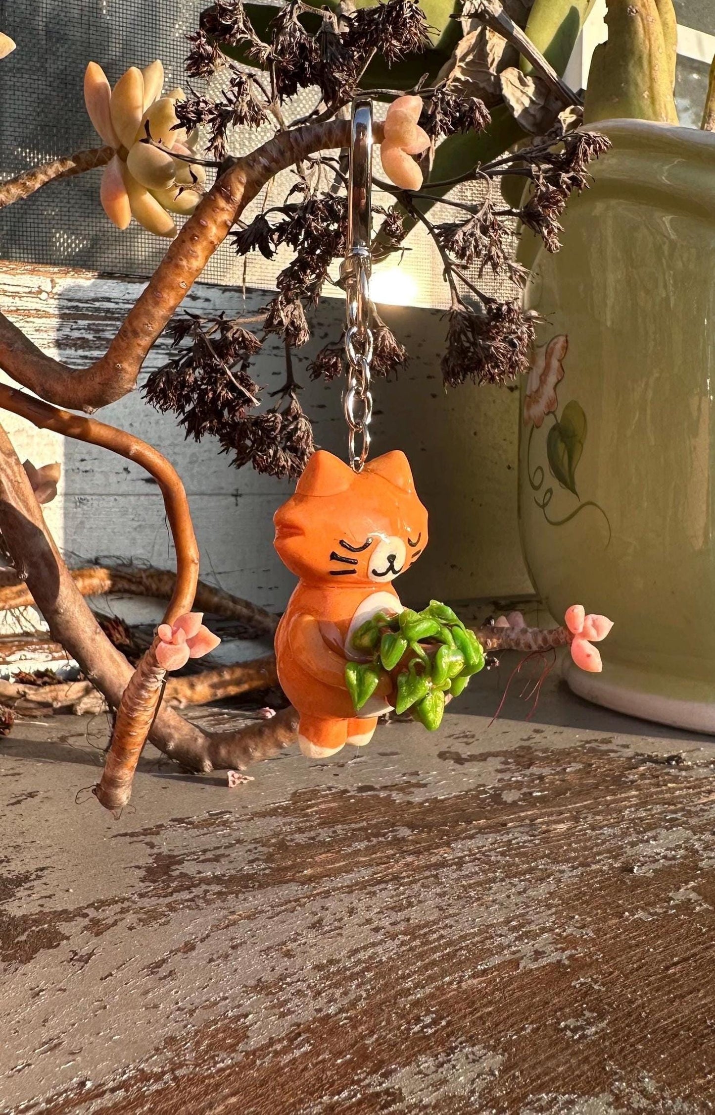 Handmade Plant Cat Keychain